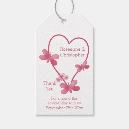 Trouwcadeau Labels Roze Hart en Vlinders Cadeaulabel (Voorkant)