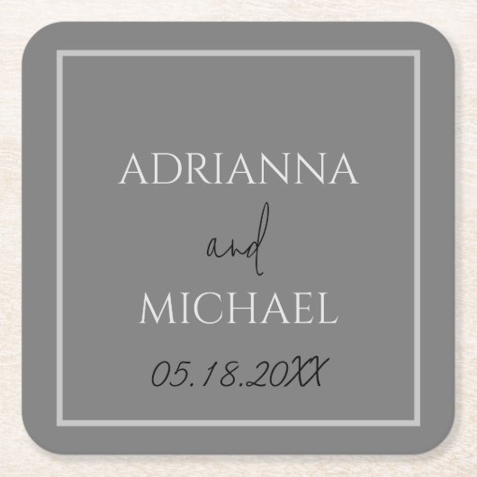 Trouwcadeau met dubbelgrijze naam en datum wit kartonnen onderzetters (Voorkant)