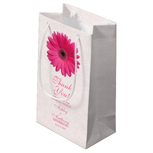 Trouwcadeau Tas Roze Gerber Daisy Kant Klein Cadeauzakje (Achterkant Gekanteld)