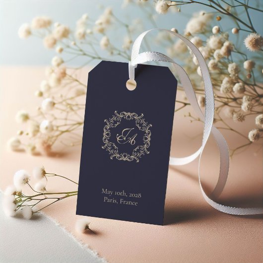 Trouwcadeautag met marineblauw barok monogram cadeaulabel