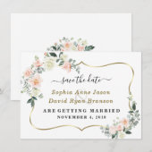 Trouwcalligrafie met charm blush witte bloemen save the date (Voorkant / Achterkant)