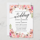 Trouwcalligrafie waterverf roze blozen bloem kaart (Voorkant)
