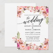 Trouwcalligrafie waterverf roze blozen bloem kaart (Voorkant / Achterkant)