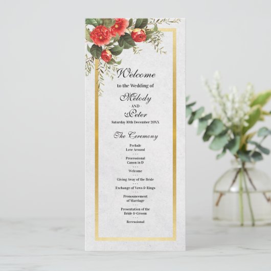 Trouwceremonie Details Kerstmenu Rood Goud Programmakaart (Staand voorkant)