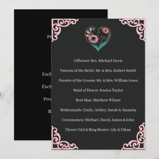 Trouwceremonie Huwelijksprogramma Roze Hart Bloeme Programmakaart (Voorkant / Achterkant)