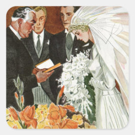 Trouwceremonie in vintage-stijl met bruid en bruid vierkante sticker