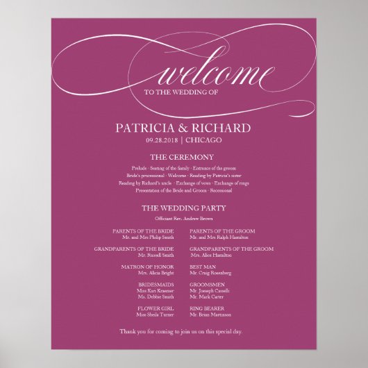 Trouwceremonie Programma Bord Roze Cassis Poster (Voorkant)