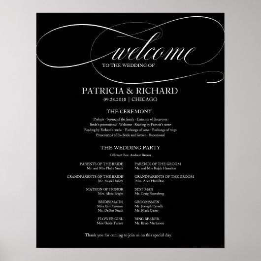 Trouwceremonie Programma Bord Zwart en Wit Poster (Voorkant)