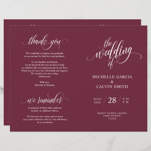 Trouwceremonie Programma Elegantie Script Burgundy (Voorkant / Achterkant)
