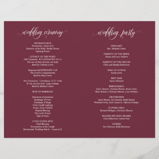 Trouwceremonie Programma Elegantie Script Burgundy (Achterkant)