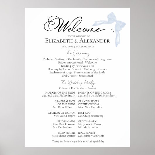 Trouwceremonie programmabord | Blauwe strik Poster (Voorkant)