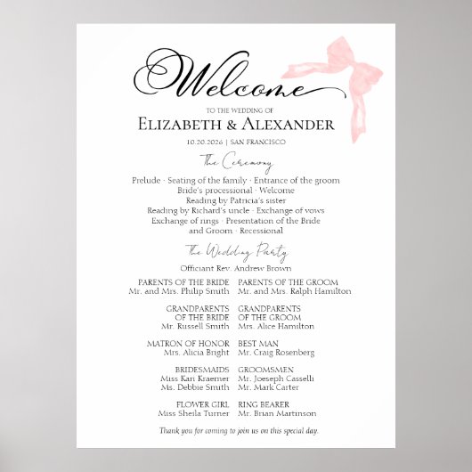 Trouwceremonie programmabord | Roze strik Poster (Voorkant)