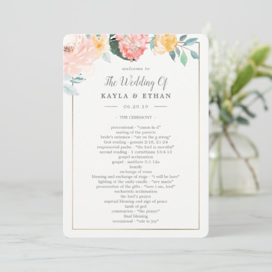 Trouwceremonieprogramma Dubbelzijdig Roze Bloemen Programmakaart (Staand voorkant)