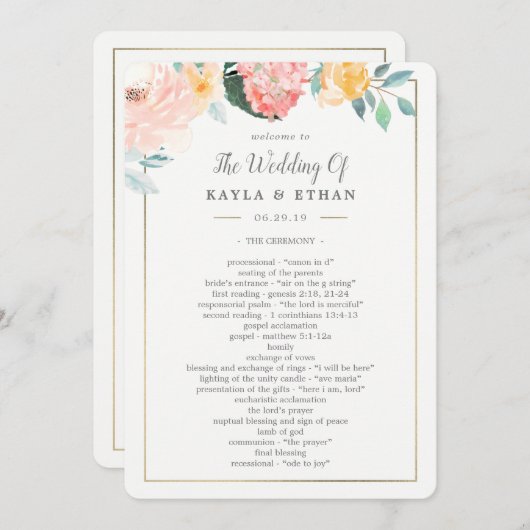 Trouwceremonieprogramma Dubbelzijdig Roze Bloemen Programmakaart (Voorkant / Achterkant)