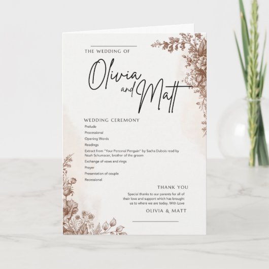 Trouwceremonieprogramma – Elegante Bloem Bruin De Programma (Voorkant)