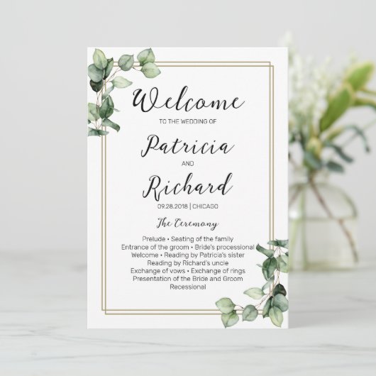 Trouwceremonieprogramma met gouden lijst en groen kaart (Staand voorkant)