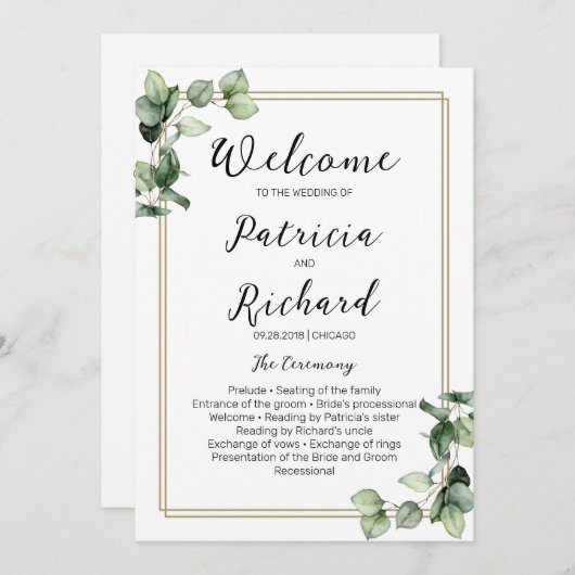 Trouwceremonieprogramma met gouden lijst en groen kaart (Voorkant / Achterkant)