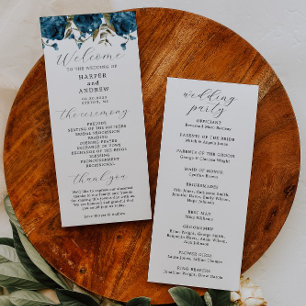Trouwceremonieprogramma met marineblauw bloemmotie programmakaart