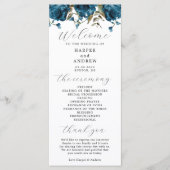 Trouwceremonieprogramma met marineblauw bloemmotie programmakaart (Voorkant)