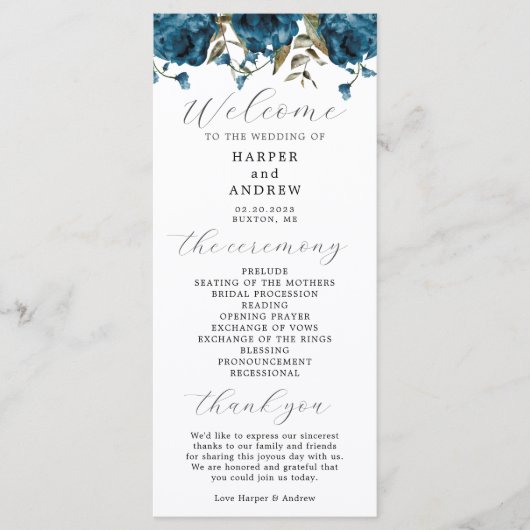 Trouwceremonieprogramma met marineblauw bloemmotie programmakaart (Voorkant)