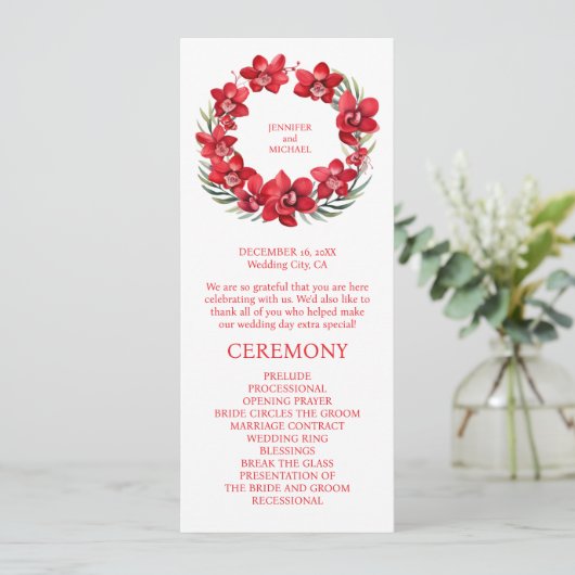 Trouwceremonieprogramma met rode orchideeën programmakaart (Staand voorkant)