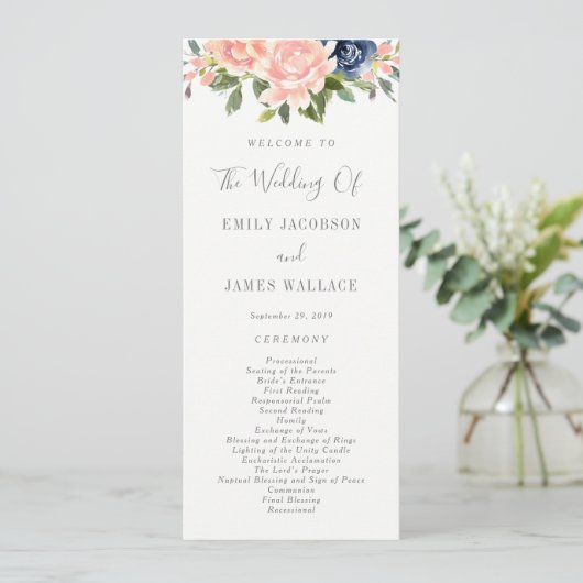 Trouwceremonieprogramma Navy Blush #NBC Programmakaart (Staand voorkant)