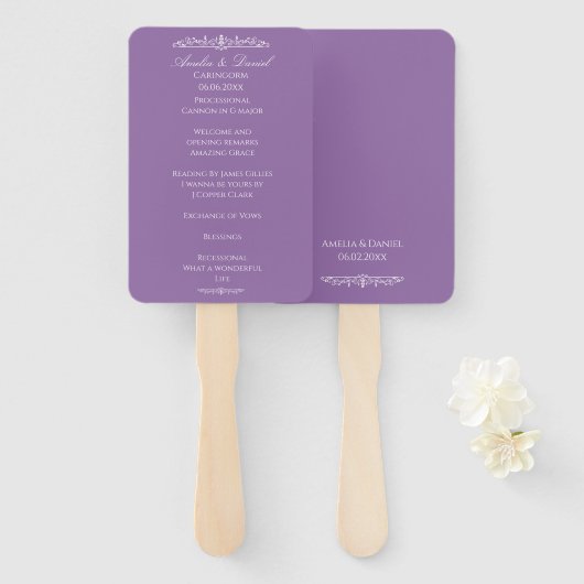 Trouwceremonieprogramma Regency Paars Handwaaier (Voorkant en achterkant)