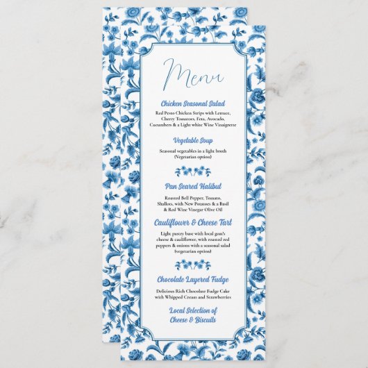 Trouwchintz Blauw & Wit Bloemen Ditsy Menu (Voorkant / Achterkant)