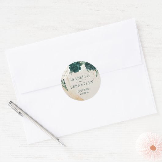Trouwcrème Beige Emerald Green Roos Bloemen Ronde Sticker (Envelop)