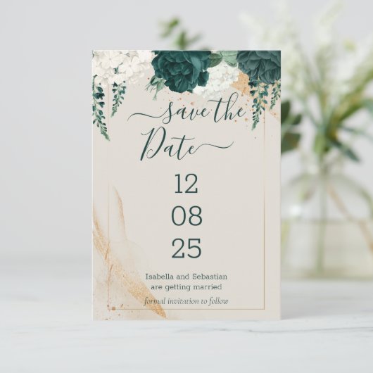 Trouwcrème Bewaar de datum Emerald Green Save The Date (Staand voorkant)