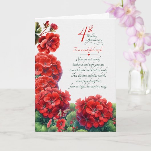 Trouwdag 4 Jaar Sentimentele Rode Geraniums Kaart (Orchidee)