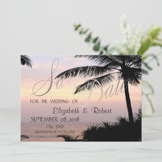Trouwdag aan het strand Palmen Zonsondergang  Bewa Save The Date (Staand voorkant)