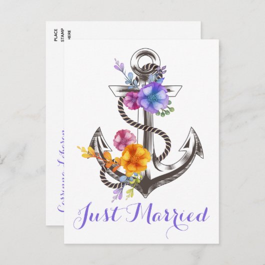 Trouwdag Anker Paars Net Getrouwd Strand Aankondigingskaart (Voorkant / Achterkant)