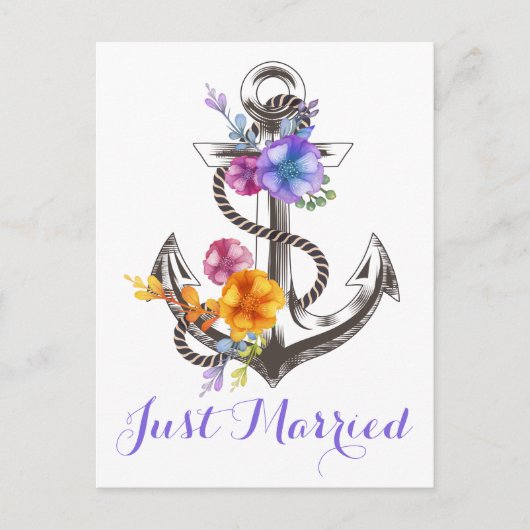 Trouwdag Anker Paars Net Getrouwd Strand Aankondigingskaart (Voorkant)