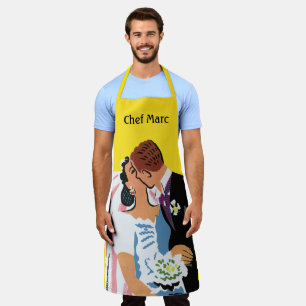 Trouwdag, bruid en bruidegom pasgetrouwd kussend schort