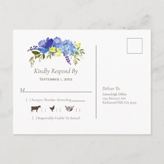 Trouwdag Carolina Blauw Bloem Bruin RSVP Uitnodiging Briefkaart (Achterkant)