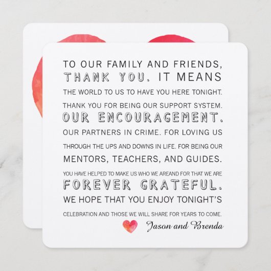 Trouwdag Dank u kaarten | Waterverf hart (Voorkant / Achterkant)