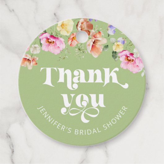 Trouwdag dankjewel in wilde bloem salie groen bedankjes labels (Voorkant)