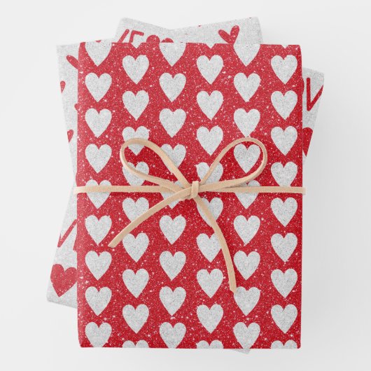 Trouwdag Huwelijk Rood Witte Glitter Harten Inpakpapier Vel (In situ)
