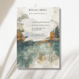 Trouwdag in de herfst met vintage aquarel bergmeer RSVP kaartje