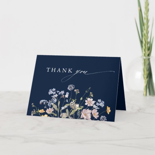 Trouwdag in een Navy Lente Wilde Bloemenweide Tuin Bedankkaart (Voorkant)