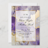 Trouwdag in marmer modern paars en goud kaart (Voorkant)