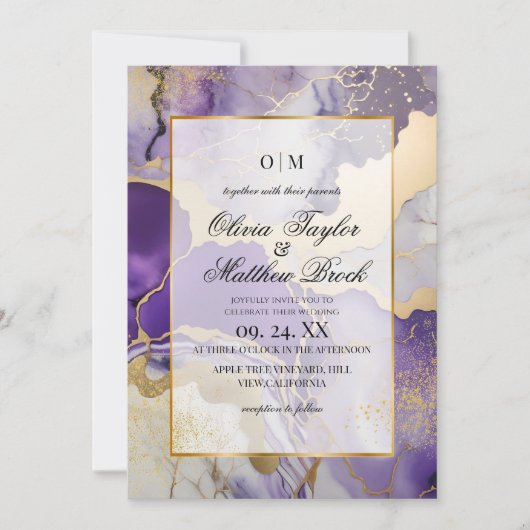 Trouwdag in marmer modern paars en goud kaart (Voorkant)