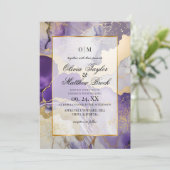 Trouwdag in marmer modern paars en goud kaart (Staand voorkant)