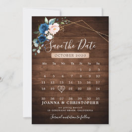 Trouwdag in Navy Blauw Blush Landelijk Hout Gouden Save The Date