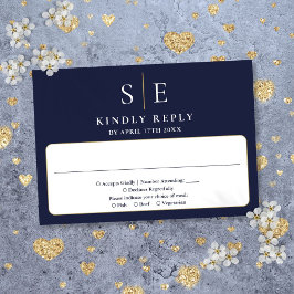 Trouwdag in Navy Blauw en Goud met Monogram RSVP Kaartje