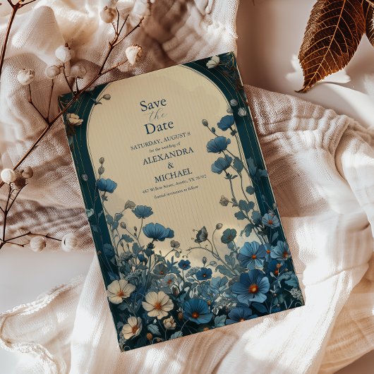Trouwdag in Navy Blue Art Nouveau-stijl Save The Date