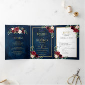 Trouwdag in Navyblauw Blush Waterverf Goud Geometr Drieluik Aankondiging (Binnen)