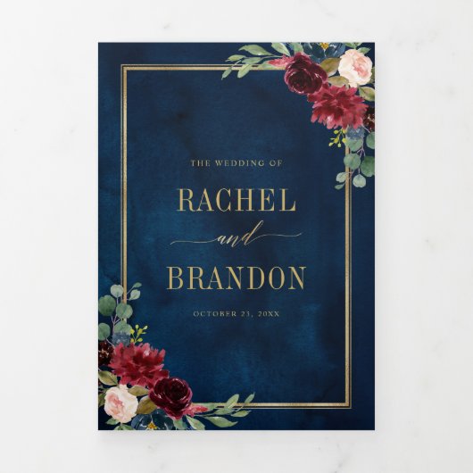 Trouwdag in Navyblauw Blush Waterverf Goud Geometr Drieluik Aankondiging (Cover)