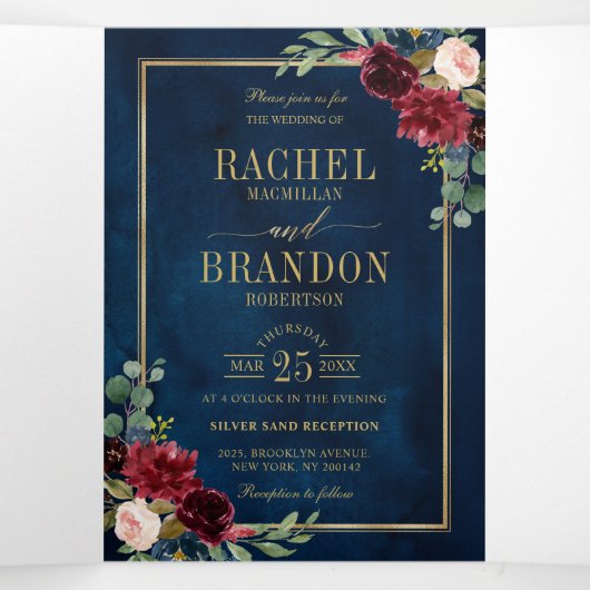 Trouwdag in Navyblauw Blush Waterverf Goud Geometr Drieluik Aankondiging (Binnenkant midden)